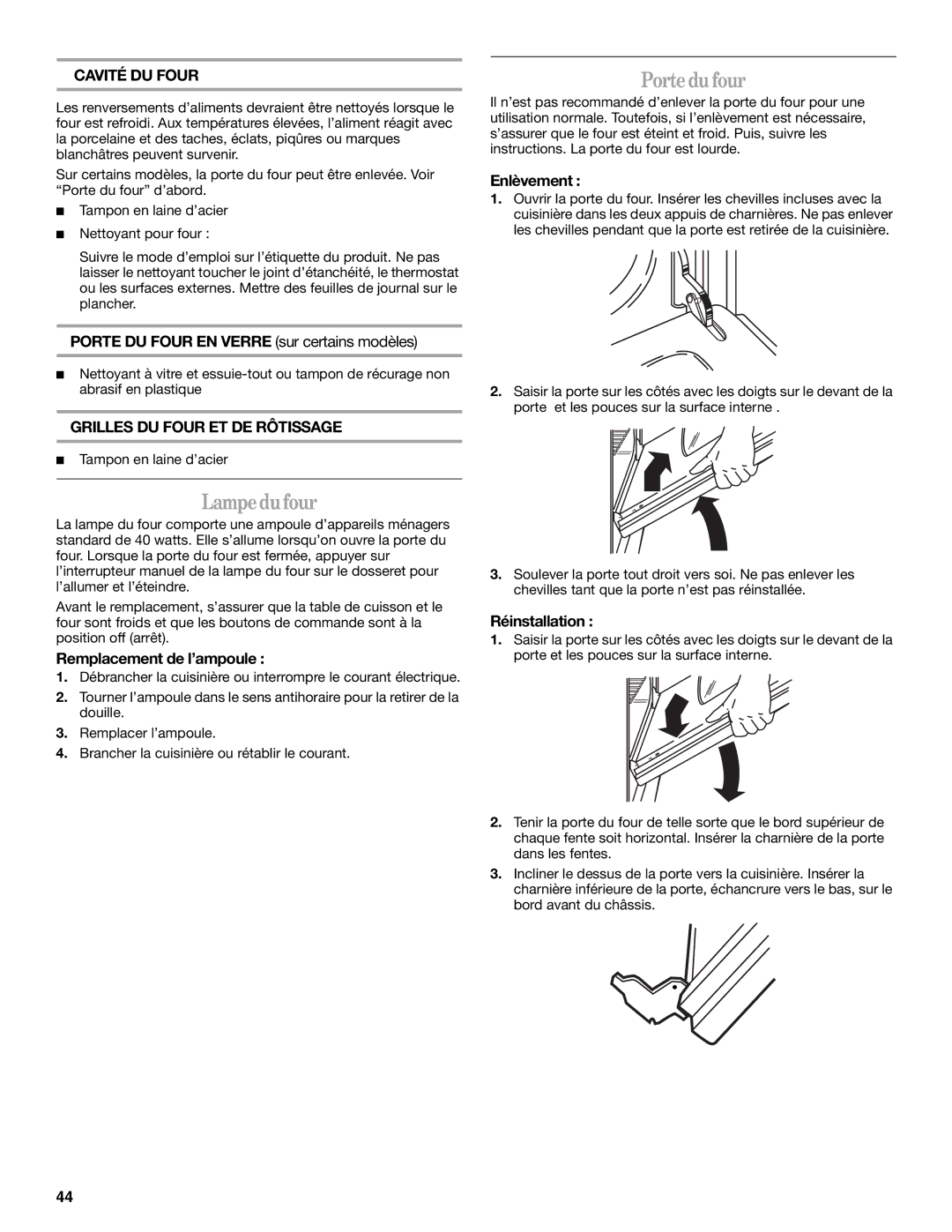 Whirlpool SF315PEPB0 manual Lampe du four, Porte du four, Cavité DU Four, Grilles DU Four ET DE Rôtissage 