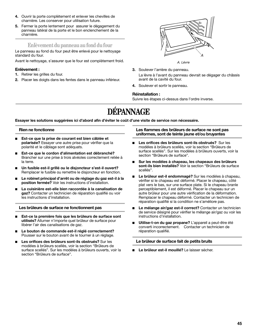 Whirlpool SF315PEPB0 manual Dépannage, Enlèvement du panneau au fond du four, Rien ne fonctionne 