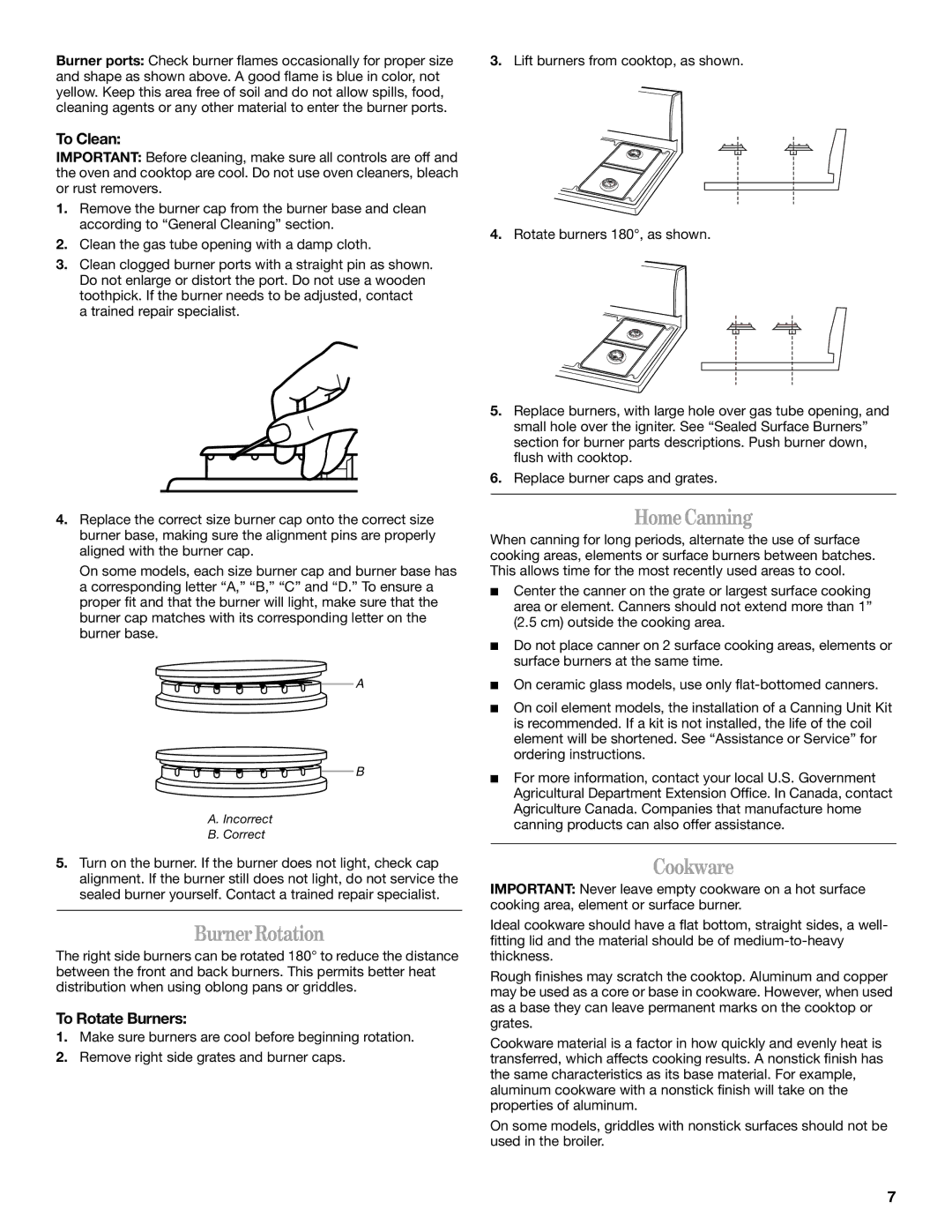 Whirlpool SF315PEPB0 manual Burner Rotation, Home Canning, Cookware, To Clean, To Rotate Burners 