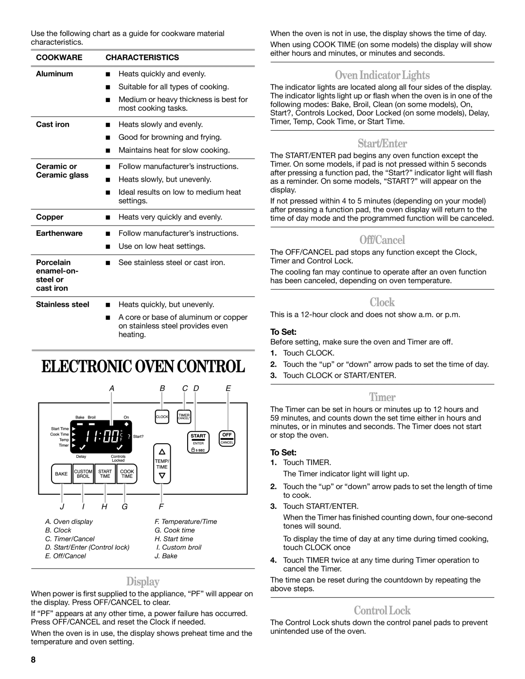 Whirlpool SF315PEPB0 manual Display, Oven Indicator Lights, Start/Enter, Off/Cancel, Clock, Timer, Control Lock 