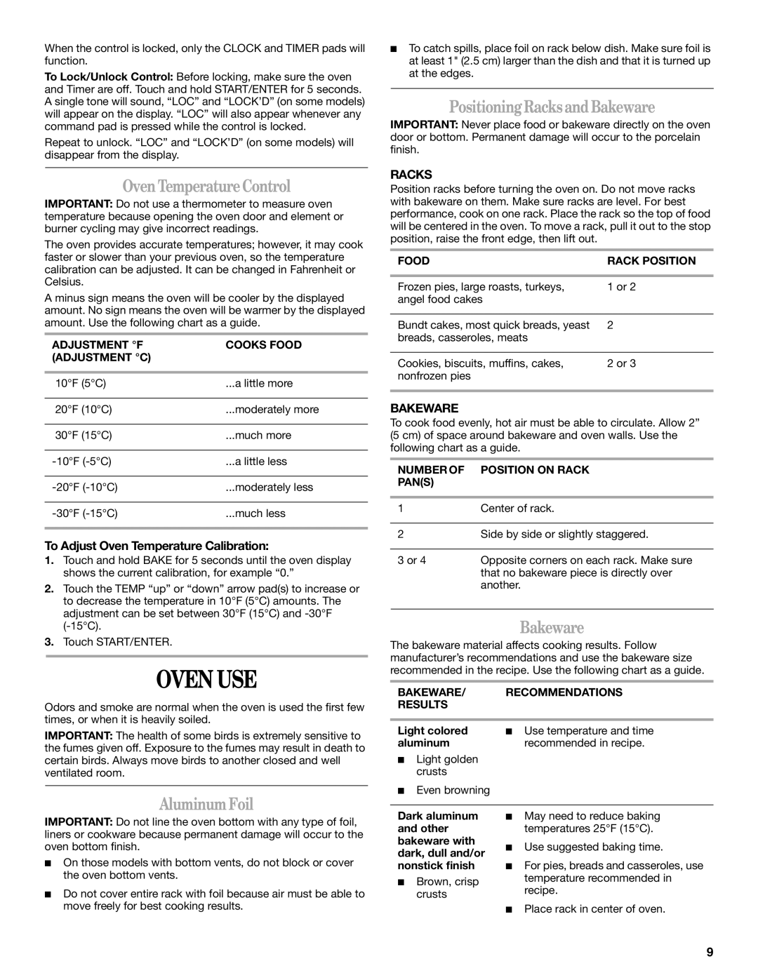 Whirlpool SF315PEPB0 manual Oven USE, Oven Temperature Control, Aluminum Foil, Positioning Racks and Bakeware 