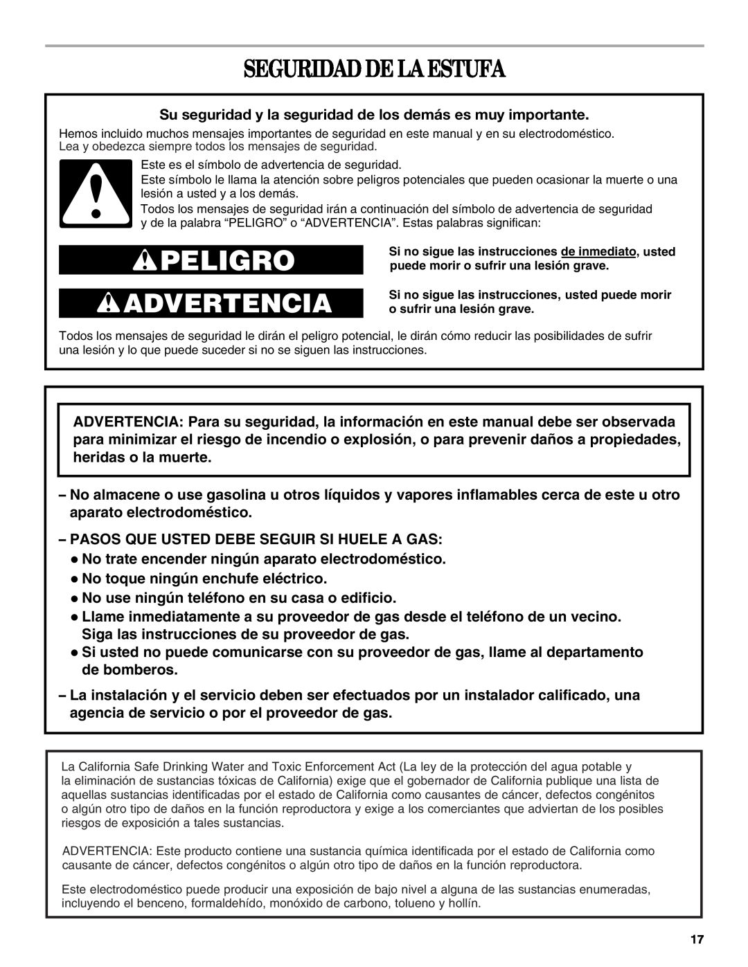 Whirlpool SF315PEPB0 manual Seguridad De La Estufa, Peligro, Advertencia 