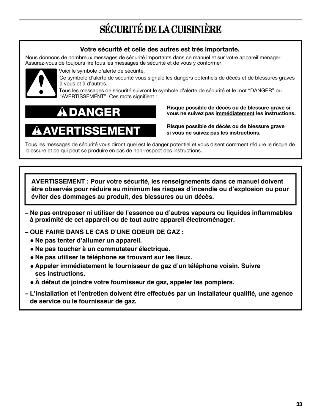 Whirlpool SF315PEPB0 manual Sécurité De La Cuisinière, Danger, Avertissement 