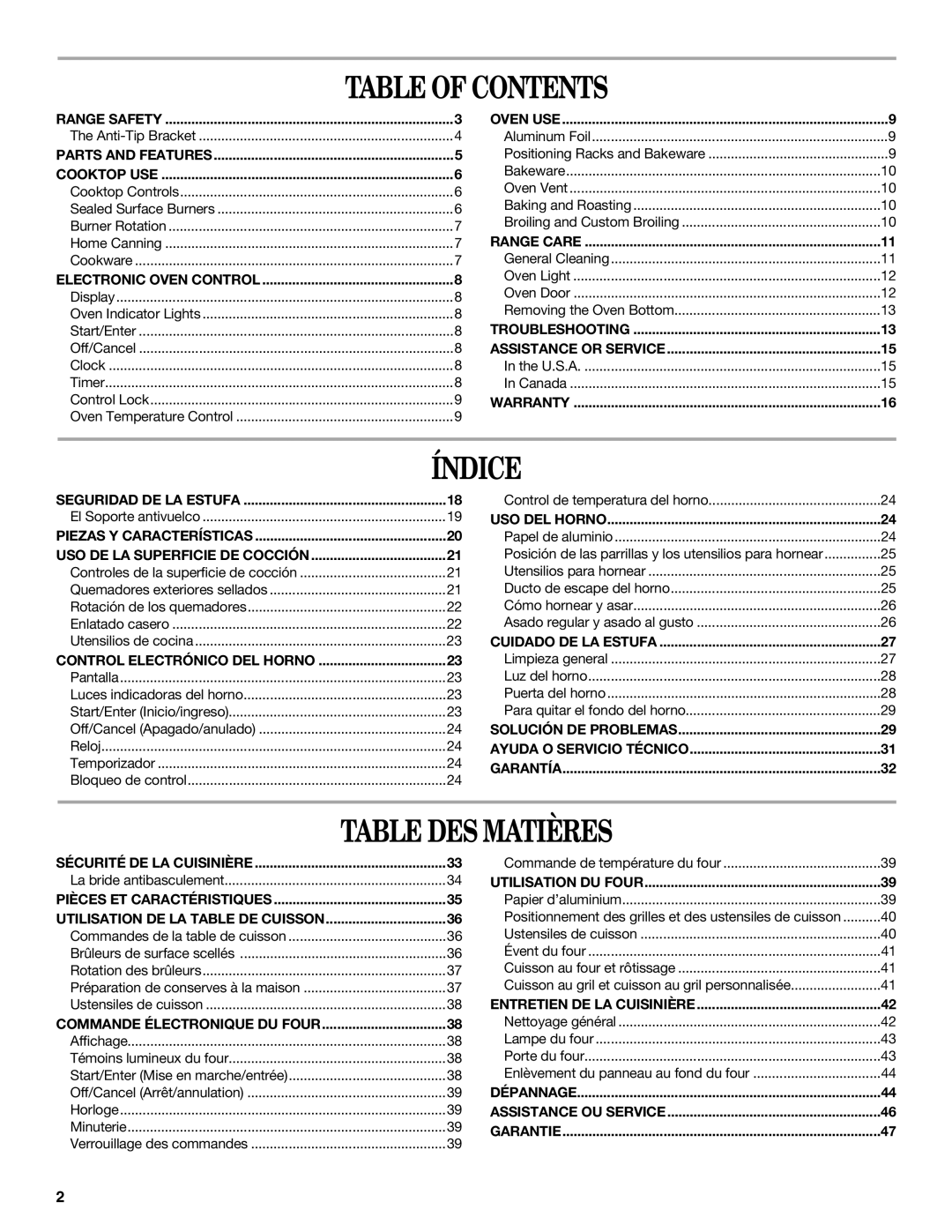 Whirlpool SF315PEPB1 manual Table of Contents, Índice, Table DES Matières 