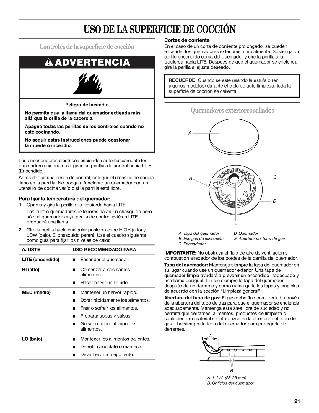 Whirlpool SF315PEPB1 USO DE LA Superficie DE Cocción, Controles delasuperficiedecocción, Quemadoresexteriores sellados 