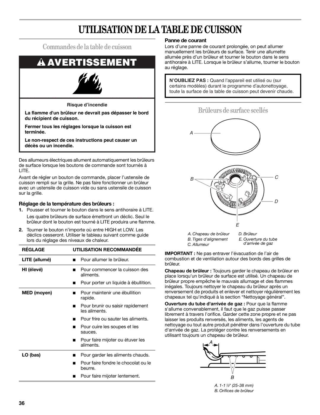 Whirlpool SF315PEPB1 manual Utilisation DE LA Table DE Cuisson, Commandesdelatabledecuisson, Brûleurs desurfacescellés 