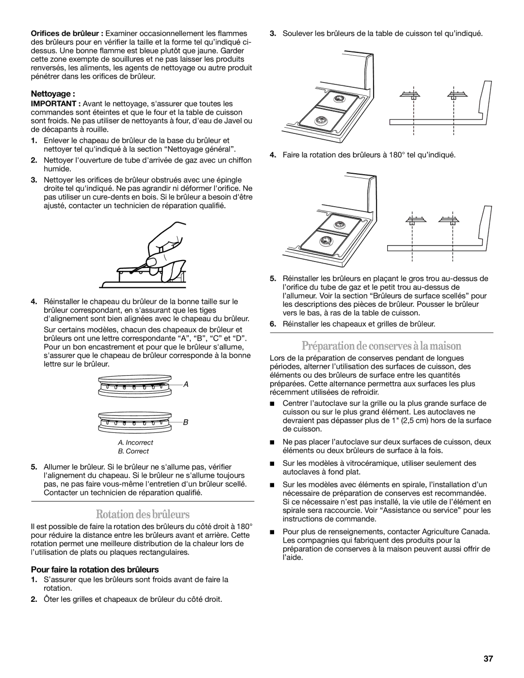 Whirlpool SF315PEPB1 manual Rotation des brûleurs, Préparationdeconserves àlamaison, Nettoyage 