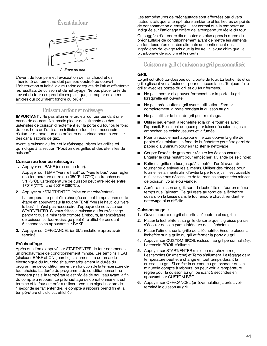 Whirlpool SF315PEPB1 manual Éventdu four, Cuisson au fouretrôtissage, Cuissonaugril etcuissonau gril personnalisée, Gril 