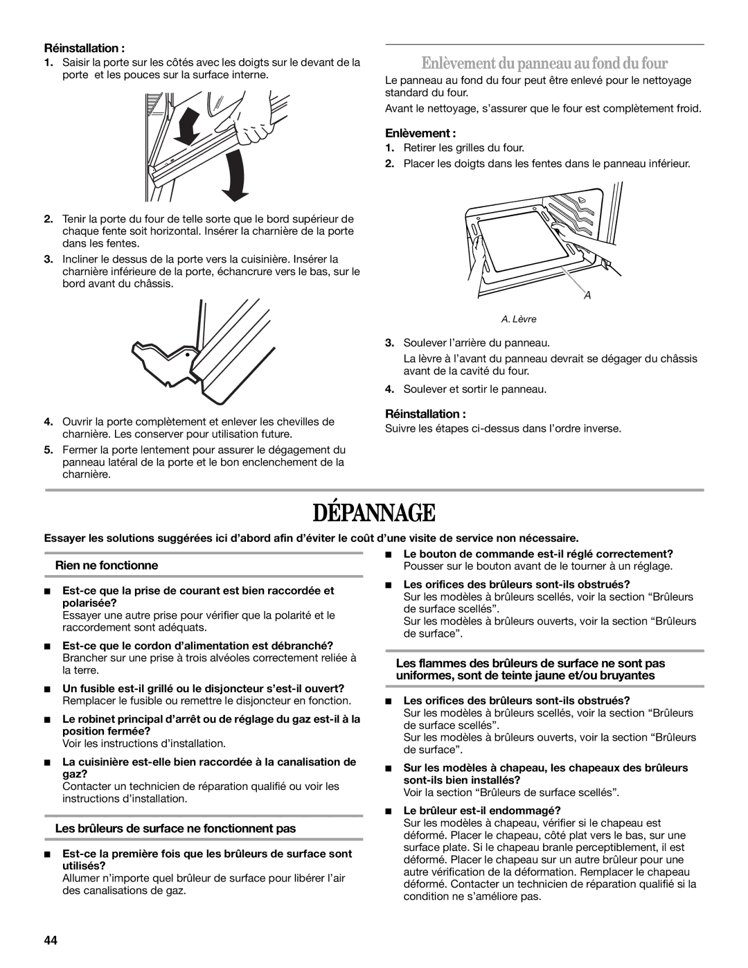 Whirlpool SF315PEPB1 manual Dépannage, Enlèvementdupanneau aufonddufour, Réinstallation, Rien ne fonctionne 