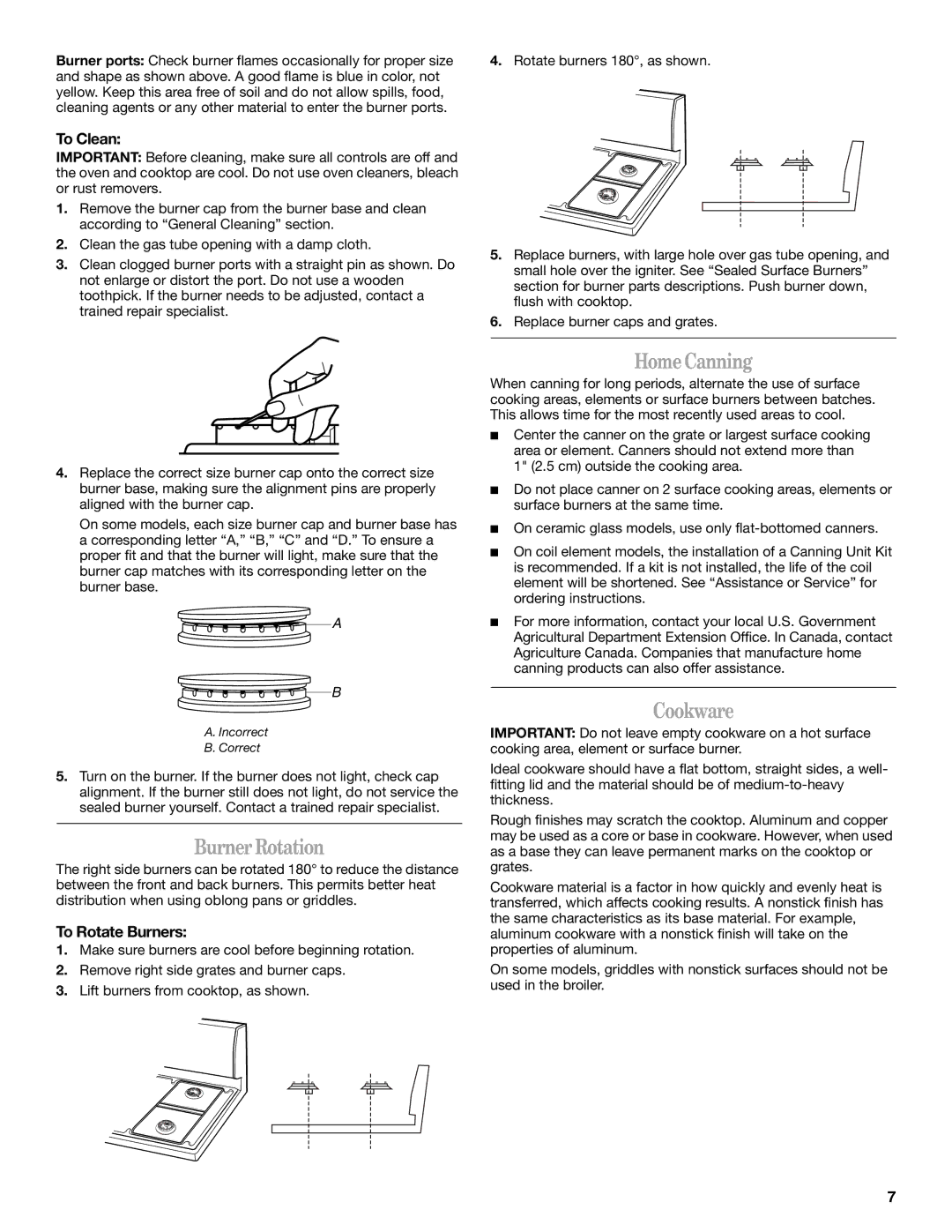 Whirlpool SF315PEPB1 manual BurnerRotation, HomeCanning, Cookware, To Clean, To Rotate Burners 