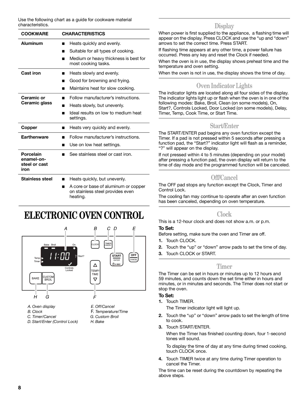 Whirlpool SF315PEPB1 manual Display, OvenIndicatorLights, Start/Enter, Off/Cancel, Clock, Timer 