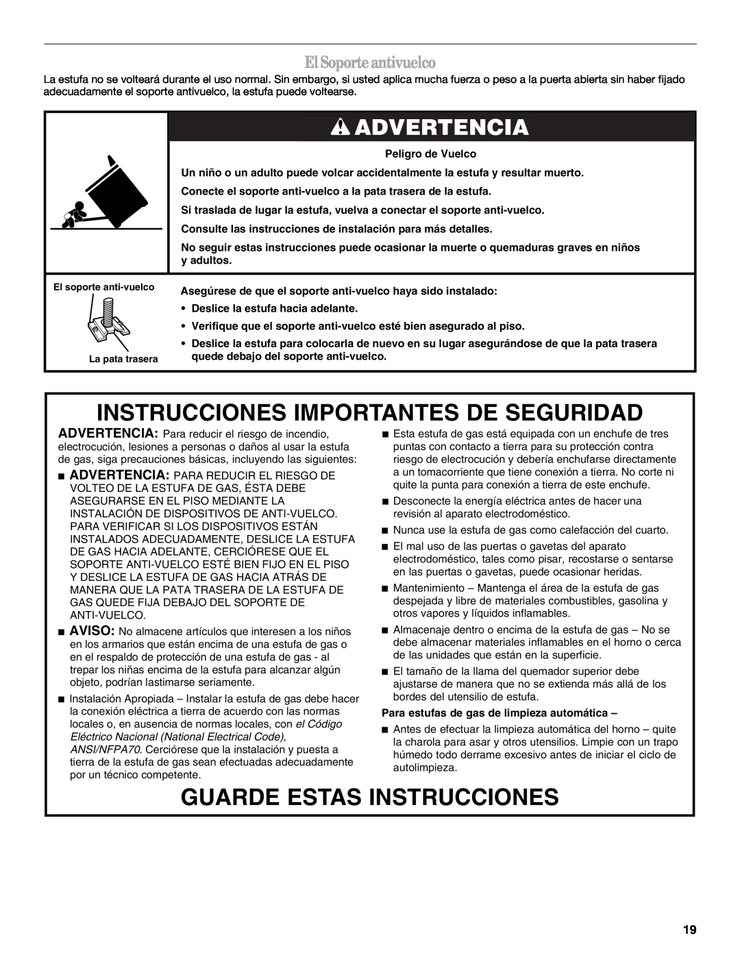 Whirlpool SF315PEPB1 Instrucciones Importantes De Seguridad, Guarde Estas Instrucciones, Advertencia, ElSoporteantivuelco 