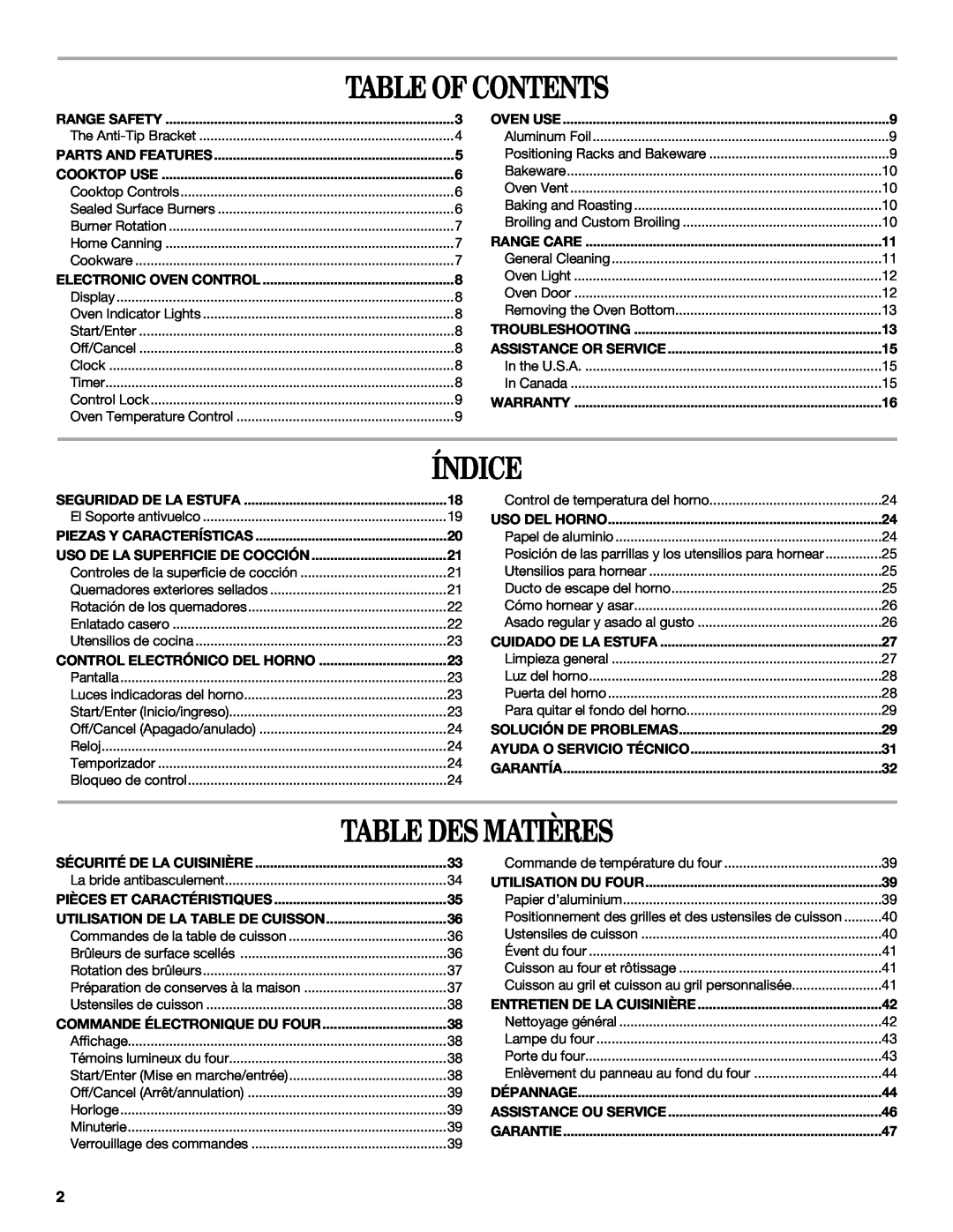 Whirlpool SF315PEPB1 manual Table Of Contents, Índice, Table Des Matières 