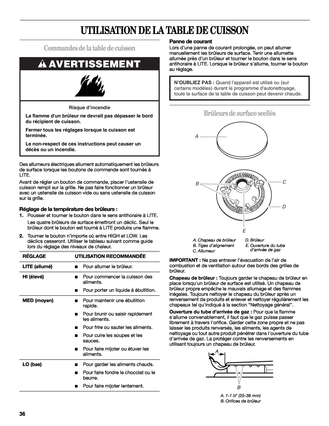 Whirlpool SF315PEPB1 manual Utilisation De La Table De Cuisson, Commandesdelatabledecuisson, Brûleurs desurfacescellés 