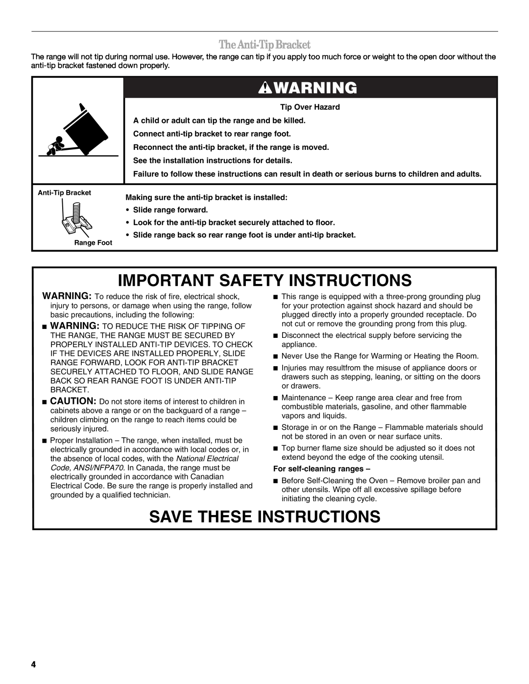 Whirlpool SF315PEPB1 Important Safety Instructions, Save These Instructions, TheAnti-TipBracket, For self-cleaning ranges 