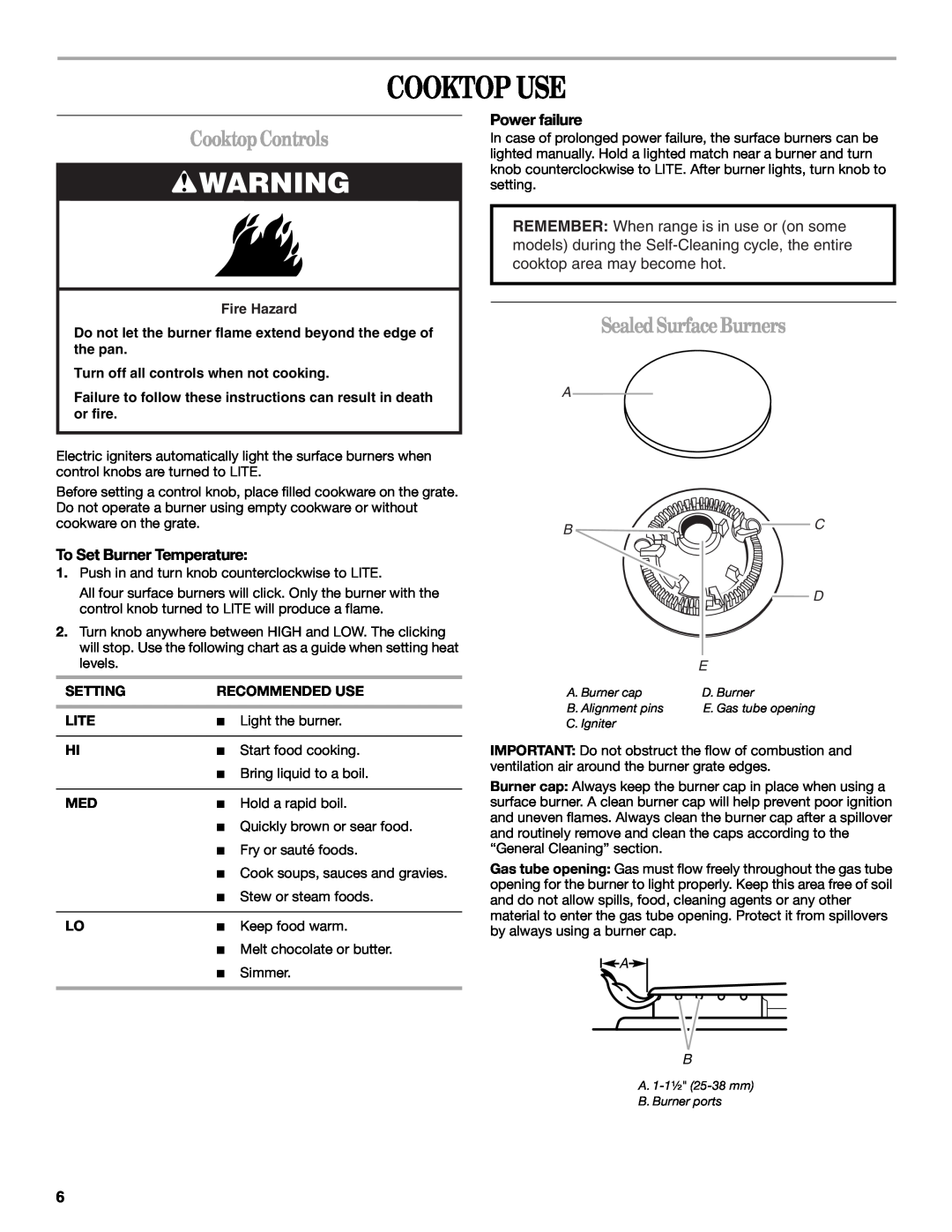 Whirlpool SF315PEPB1 manual Cooktop Use, CooktopControls, SealedSurfaceBurners, To Set Burner Temperature, Power failure 