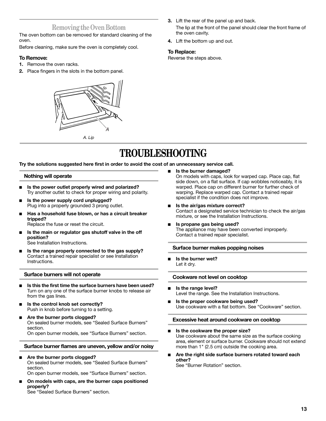 Whirlpool SF315PEPB3 manual Troubleshooting, Removing the Oven Bottom 