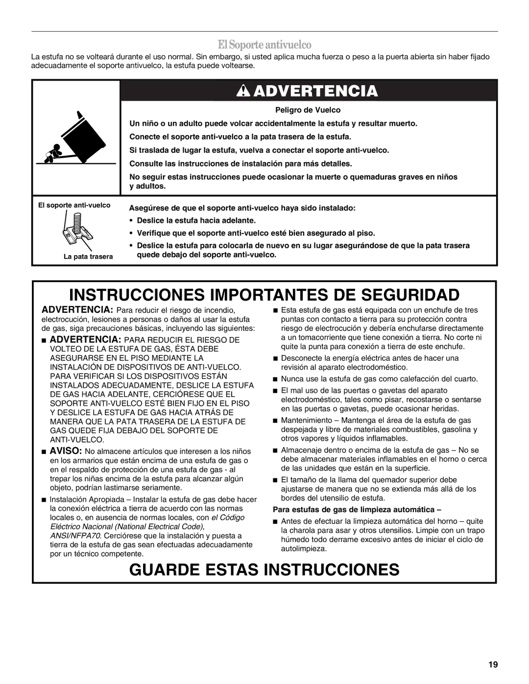 Whirlpool SF315PEPB3 manual Instrucciones Importantes DE Seguridad, El Soporte antivuelco 