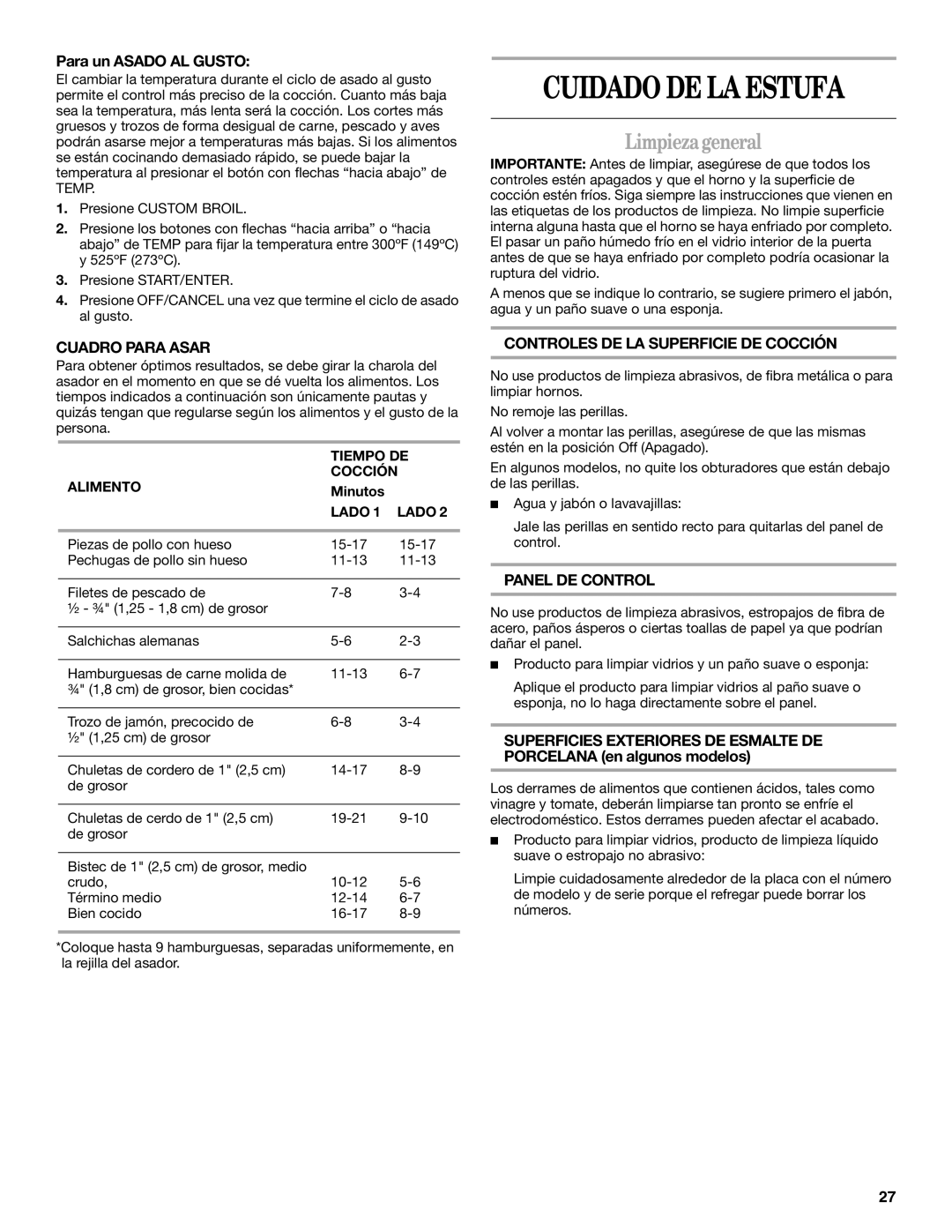 Whirlpool SF315PEPB3 manual Cuidado DE LA Estufa, Limpieza general, Cuadro Para Asar, Controles DE LA Superficie DE Cocción 