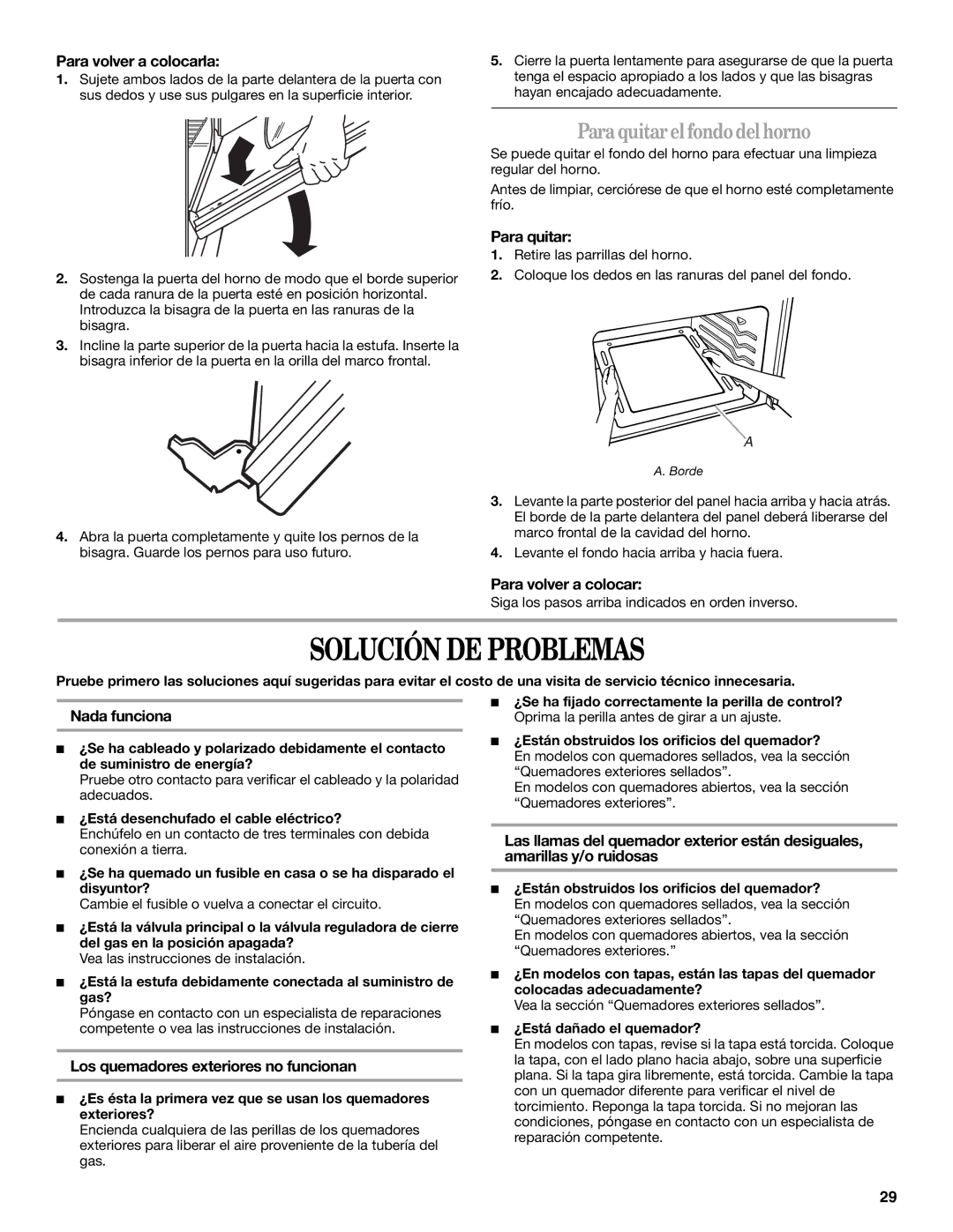 Whirlpool SF315PEPB3 manual Solución DE Problemas, Para quitar el fondo del horno 