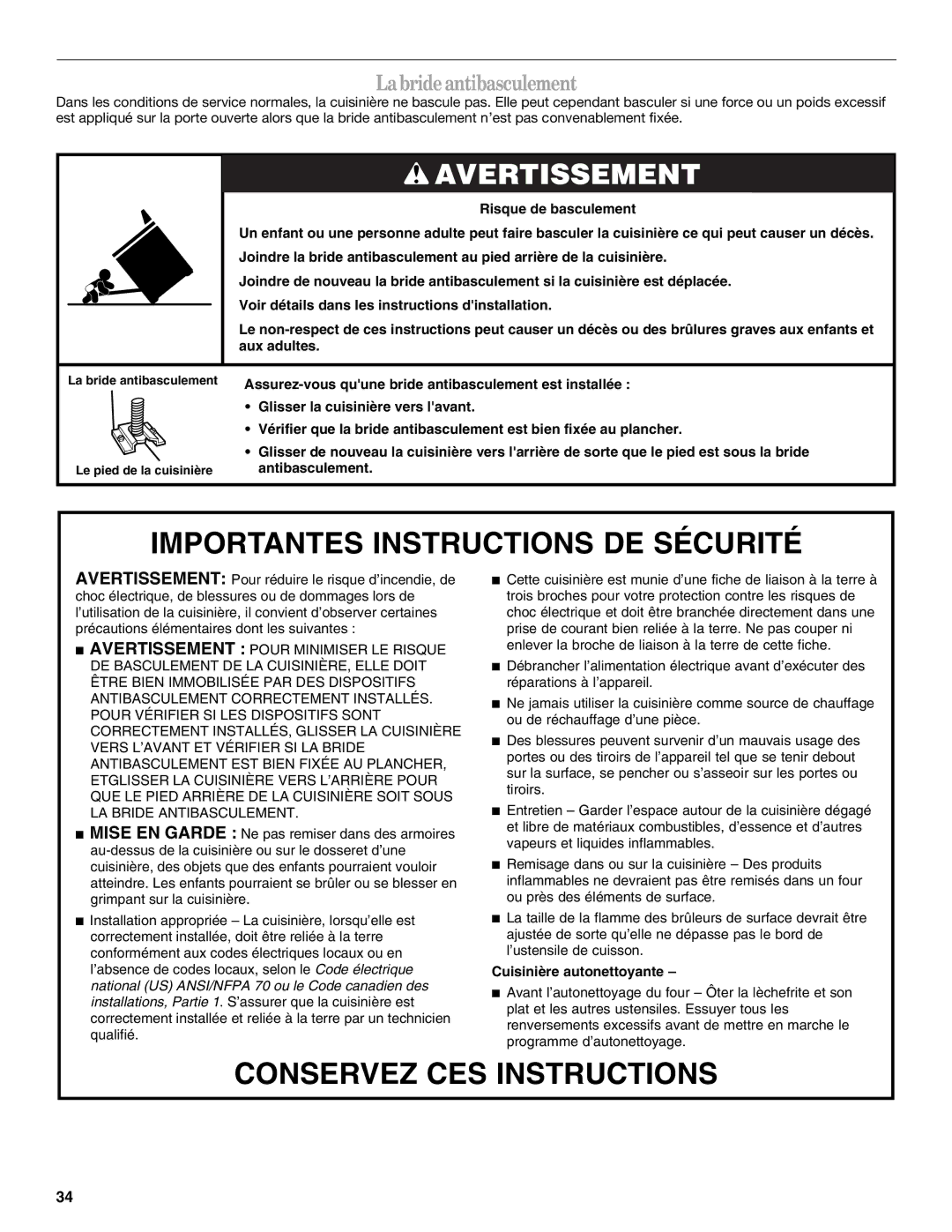 Whirlpool SF315PEPB3 manual Importantes Instructions DE Sécurité, La bride antibasculement 