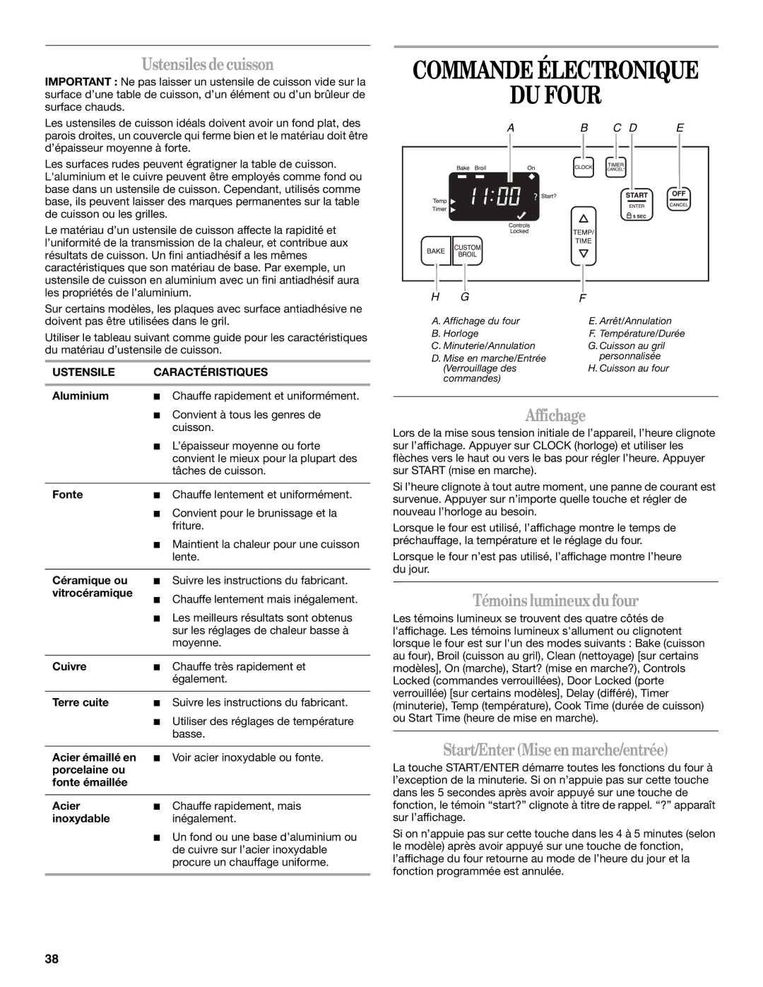 Whirlpool SF315PEPB3 manual DU Four, Ustensiles de cuisson, Affichage, Témoins lumineux du four 