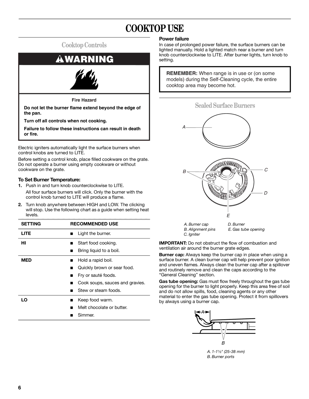 Whirlpool SF315PEPB3 manual Cooktop USE, Cooktop Controls, Sealed Surface Burners, To Set Burner Temperature, Power failure 