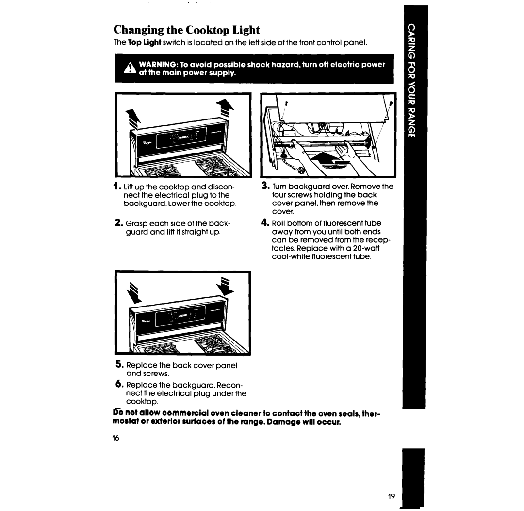 Whirlpool SF336PES, SF316PES manual Changing the Cooktop Light 