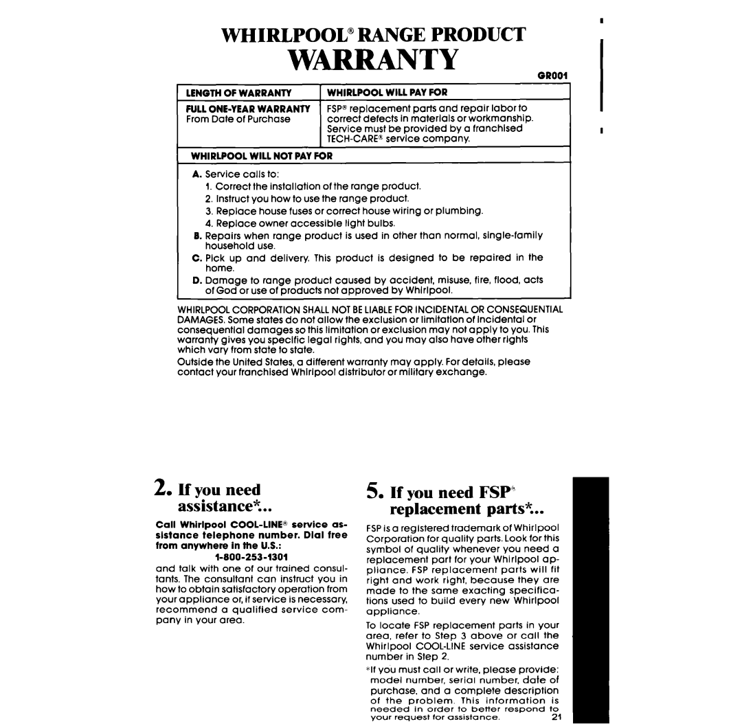 Whirlpool SF316PES, SF336PES manual Whirlpool 