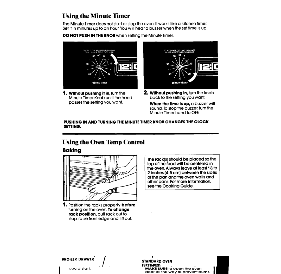 Whirlpool SF316PES, SF336PES manual Using the Minute Timer, Using the Oven Temp Control, Baking 