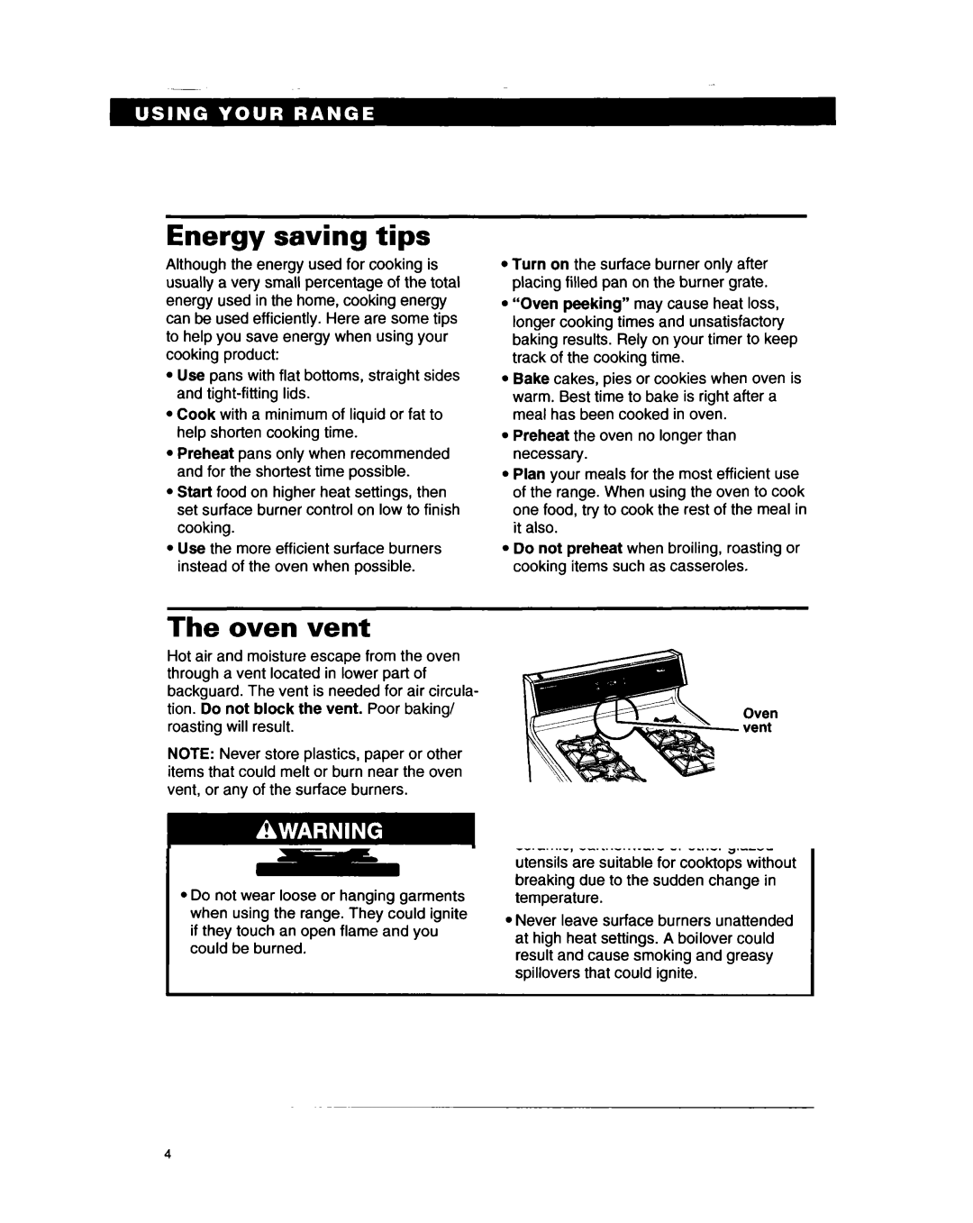 Whirlpool SF317PCA, SF317PEA manual Energy saving tips, Oven vent 