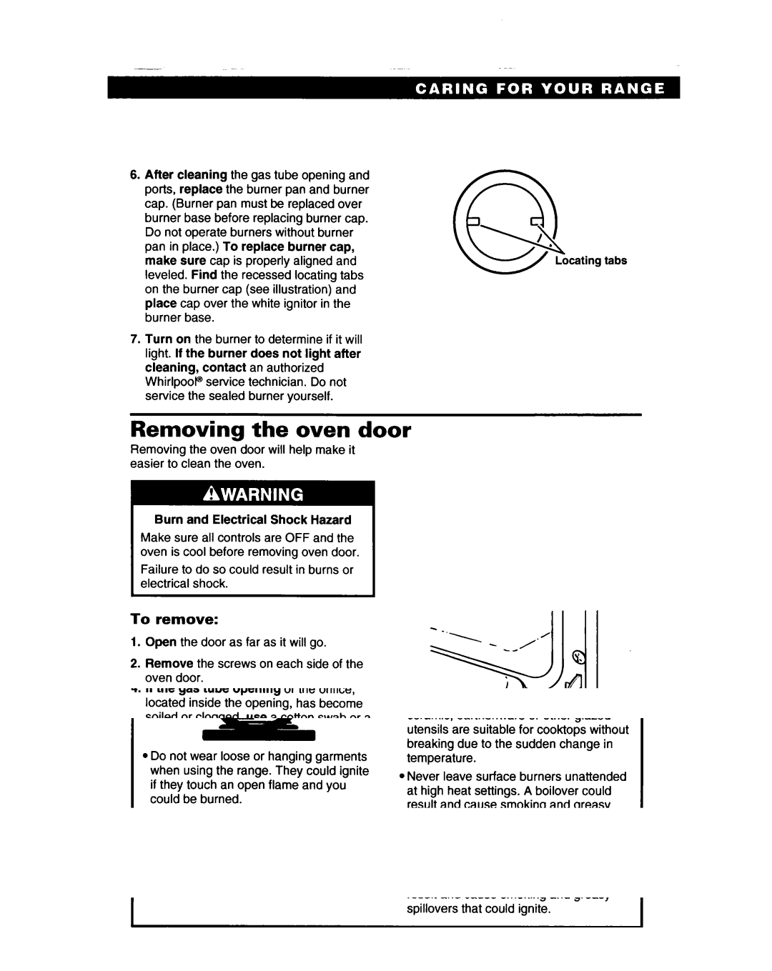 Whirlpool SF317PEA, SF317PCA Removing the oven door, To remove, Failure to do so could result in burns or electrical shock 