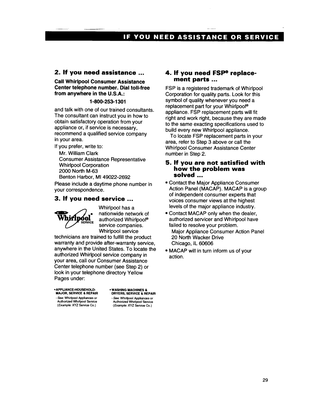 Whirlpool SF317PEA, SF317PCA manual If you need assistance, If you need service, If you need FSP replace- ment parts 