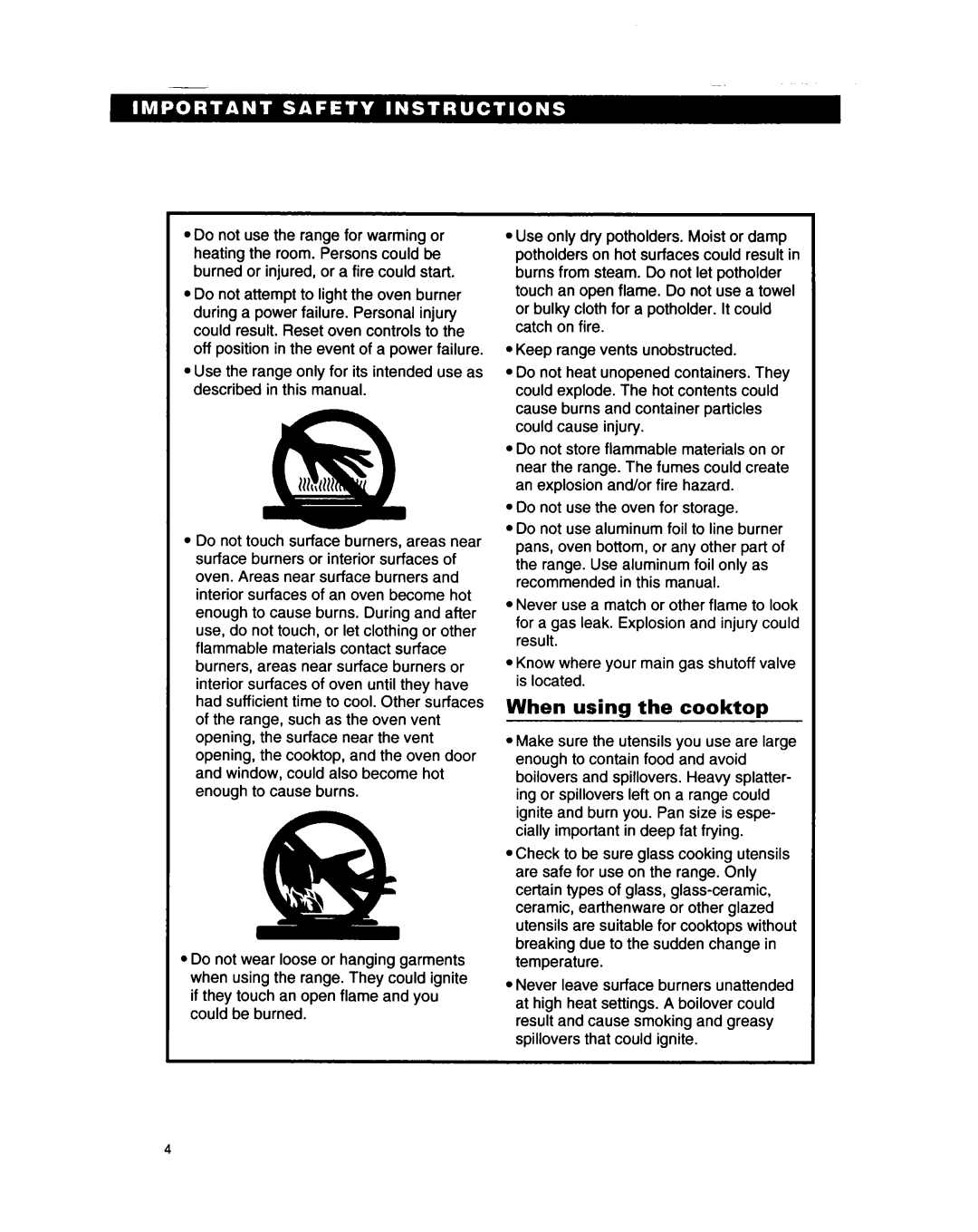 Whirlpool SF317PCA, SF317PEA manual When using the cooktop, Do not use the oven for storage 