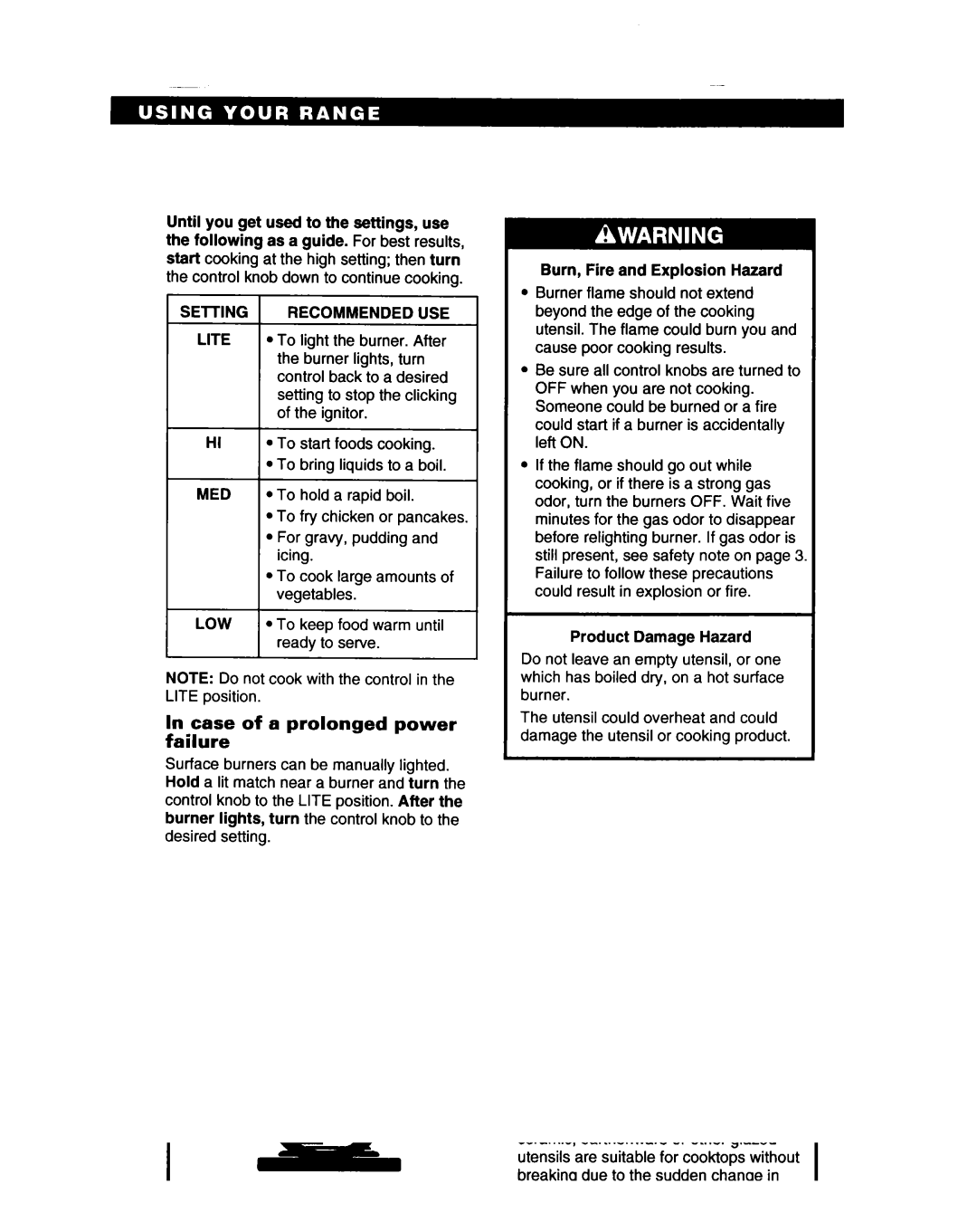 Whirlpool SF317PCA, SF317PEA manual Case of a prolonged power failure, SElTING Recommended USE 