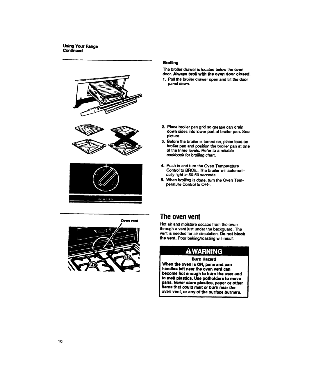 Whirlpool SF317PEX, SF337PEX manual Theovenvent, Udng Your Range conthlud Brolllng, Bum Hazard 