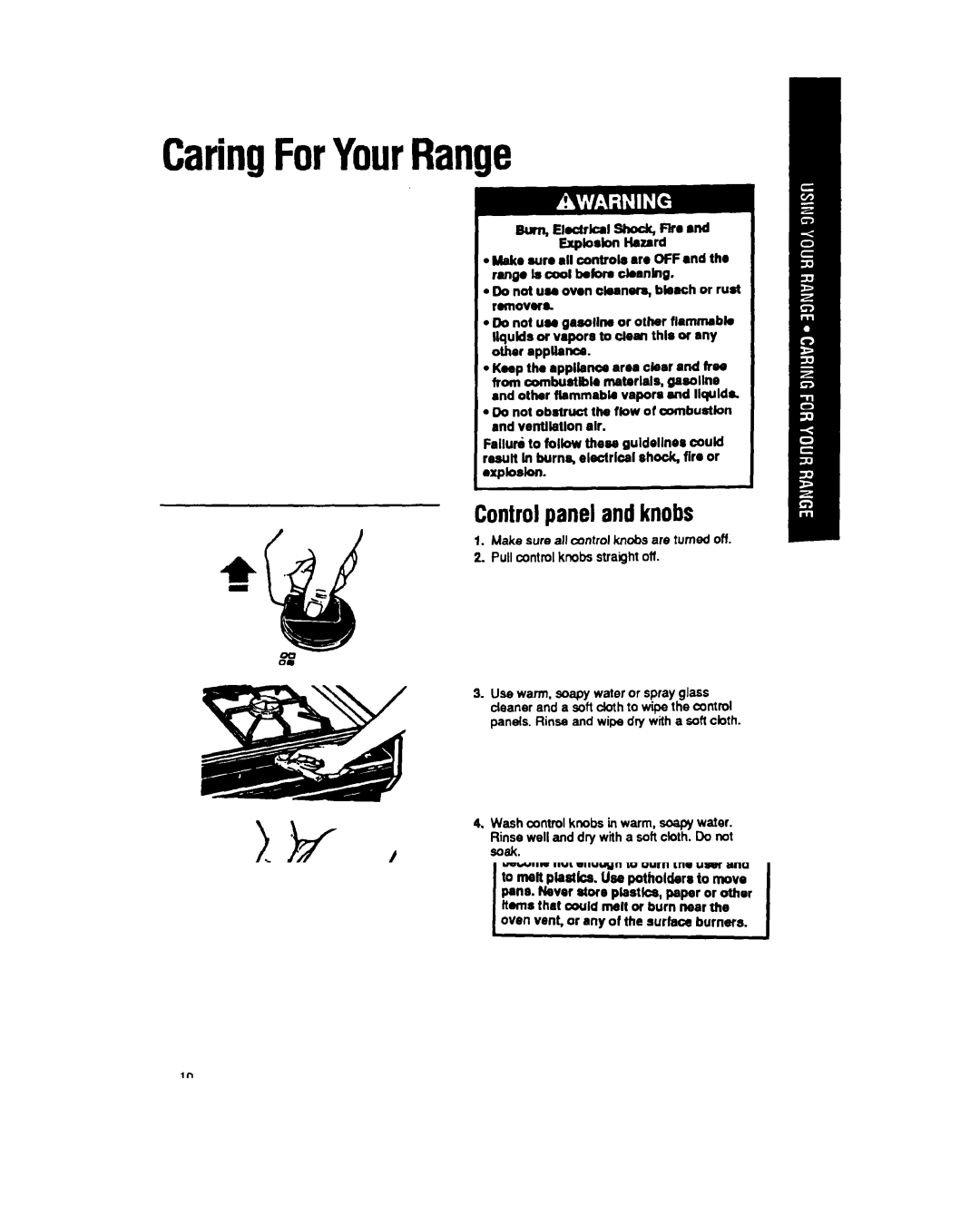 Whirlpool SF337PEX, SF317PEX manual CaringForYourRange, Controlpanel andknobs 