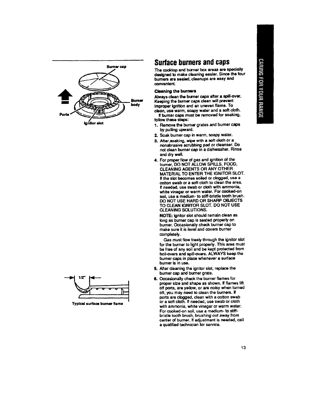 Whirlpool SF337PEX, SF317PEX manual Surfaceburnersandcaps, Typlal l urfacmbumor Rsma 