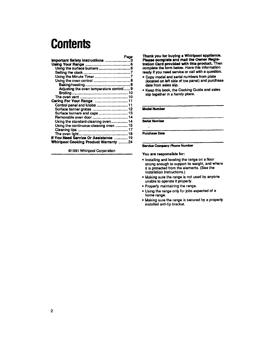 Whirlpool SF317PEX, SF337PEX manual Contents 