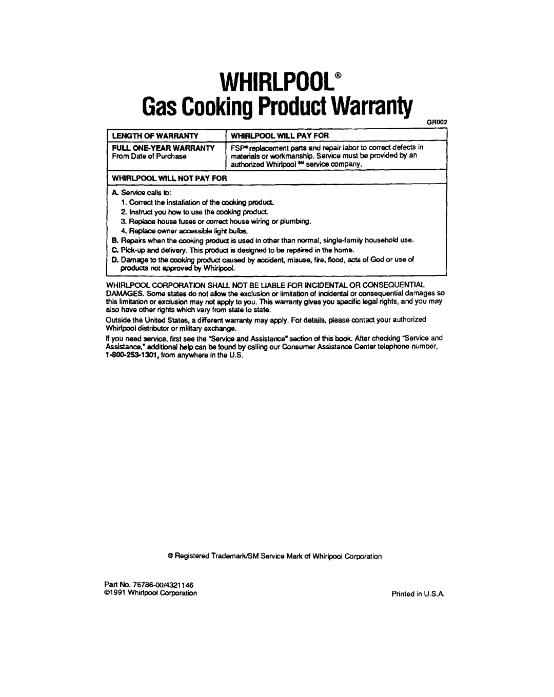 Whirlpool SF317PEX, SF337PEX manual Part No -00/4321146 Whirlpool Corporation 