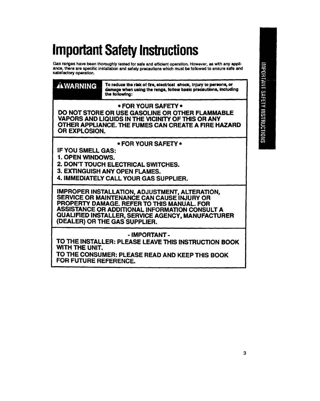 Whirlpool SF337PEX, SF317PEX manual ImportantSafetyInstructions, Immediately Call Your GAS Supplier 