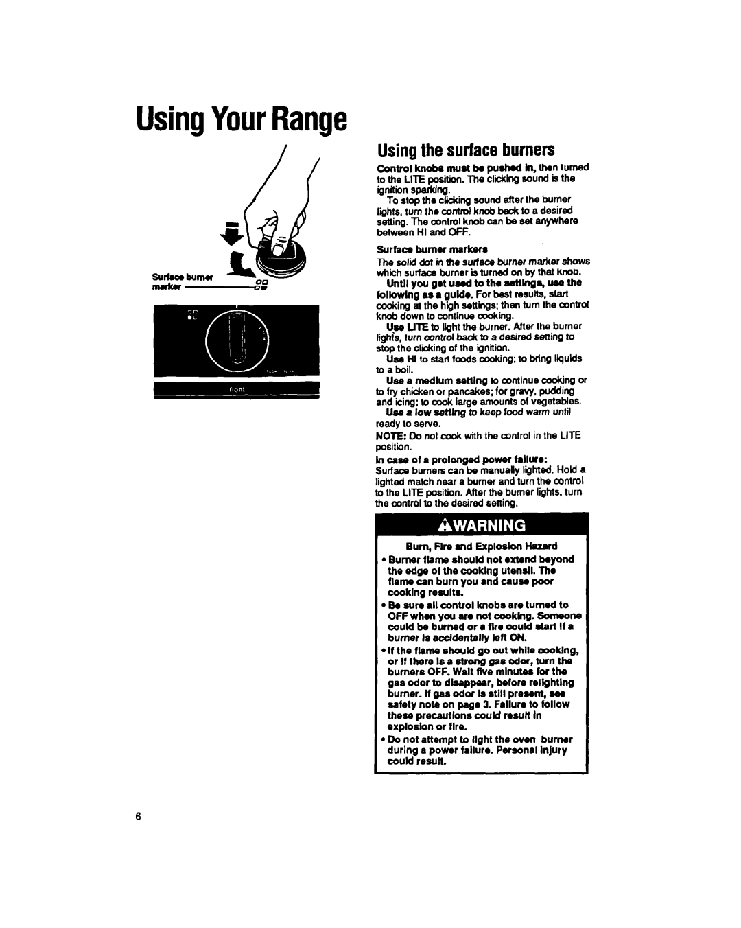 Whirlpool SF317PEX, SF337PEX manual UsingYourRange, Usingthe surfaceburners 