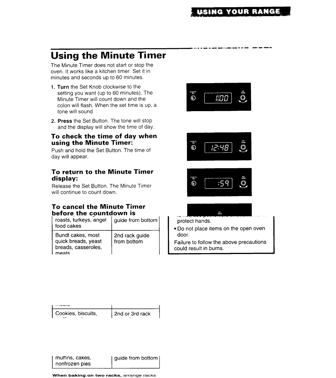 Whirlpool SF318PEW manual Using the Minute Timer, To check the time of day when using the Minute Timer 