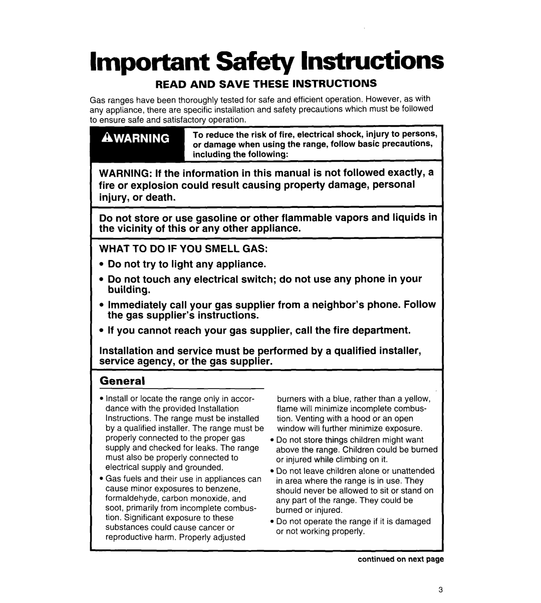 Whirlpool SF318PEW manual Important Safety Instructions, Read and Save These Instructions 
