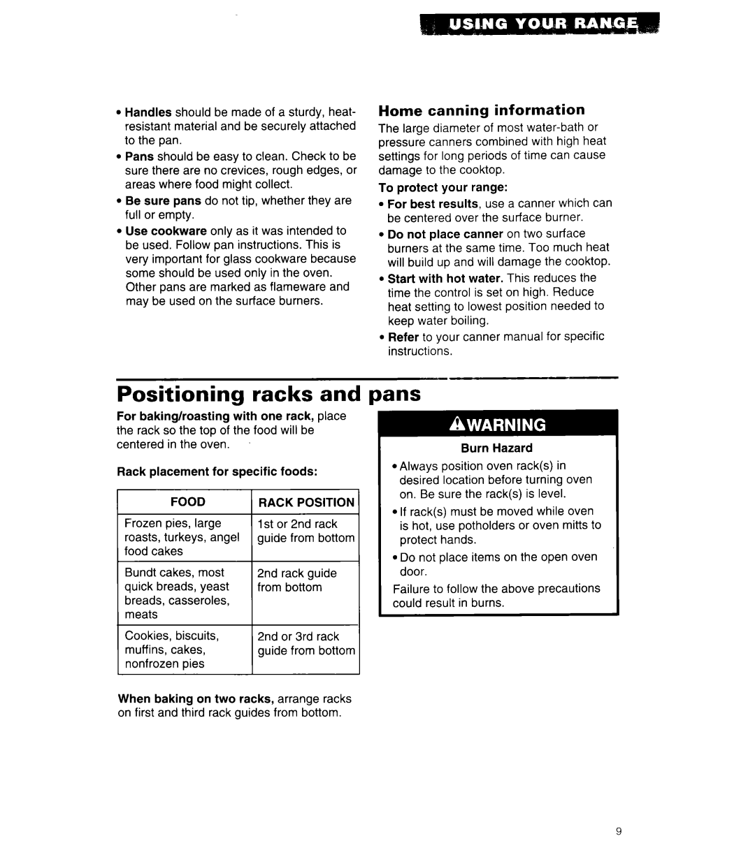 Whirlpool SF318PEW manual Positioning racks, Pans, Home canning information 