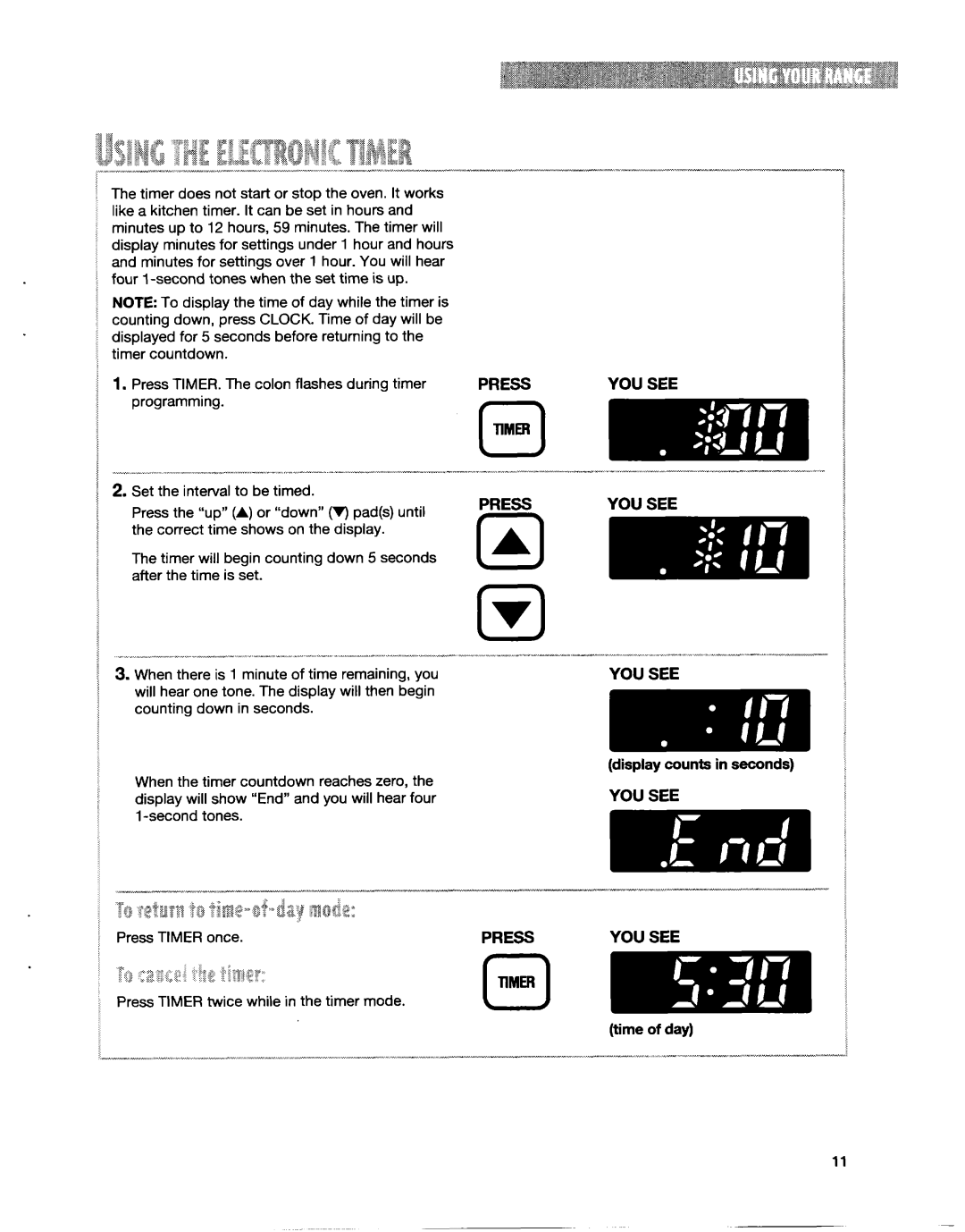 Whirlpool SF31OBEG warranty YOU see Press, Timer 