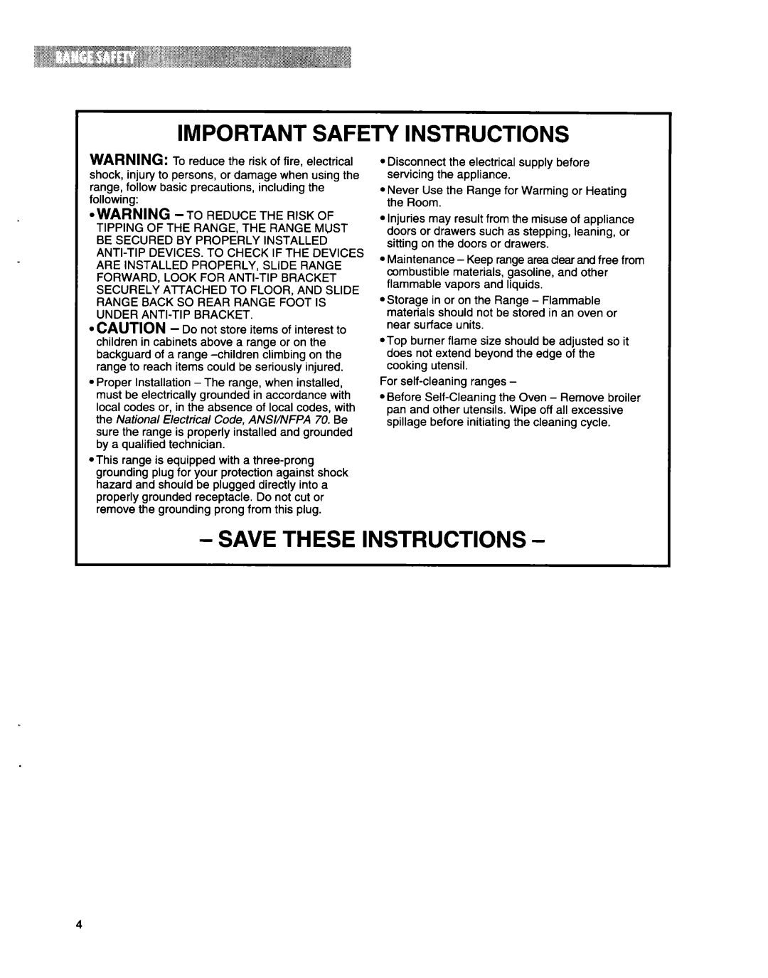 Whirlpool SF31OBEG warranty Important Safety Instructions 