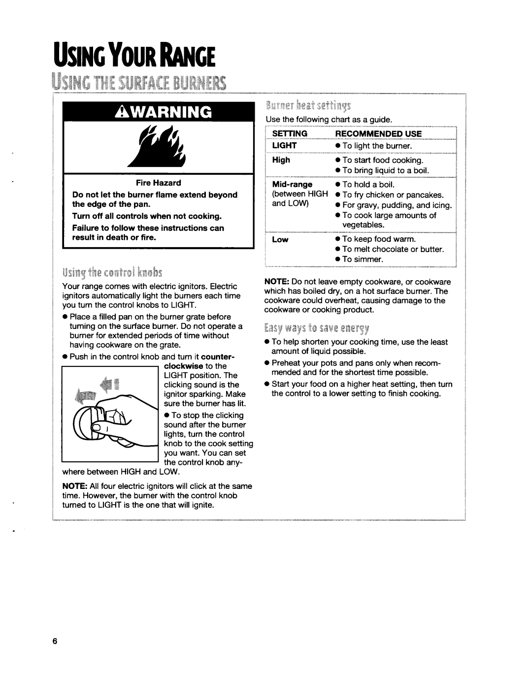 Whirlpool SF31OBEG warranty Use, ‘Light 