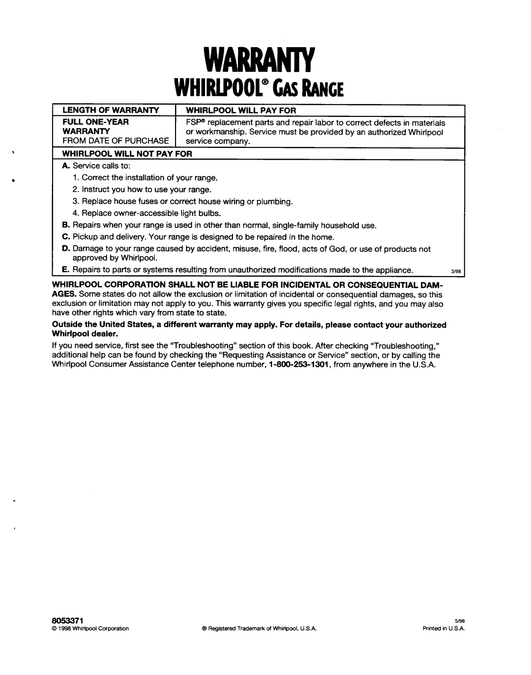 Whirlpool SF31OBEG warranty Warranty, WHIRlPOOl@GASRANGE 