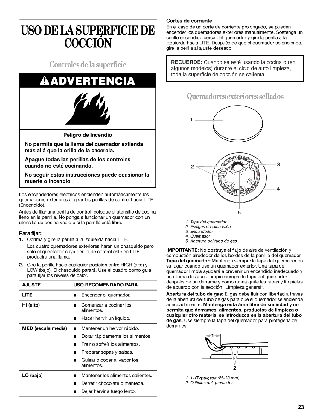 Whirlpool YSF315PEK Cocción, Controles de la superficie, Quemadores exterioressellados, Para fijar, Cortes de corriente 